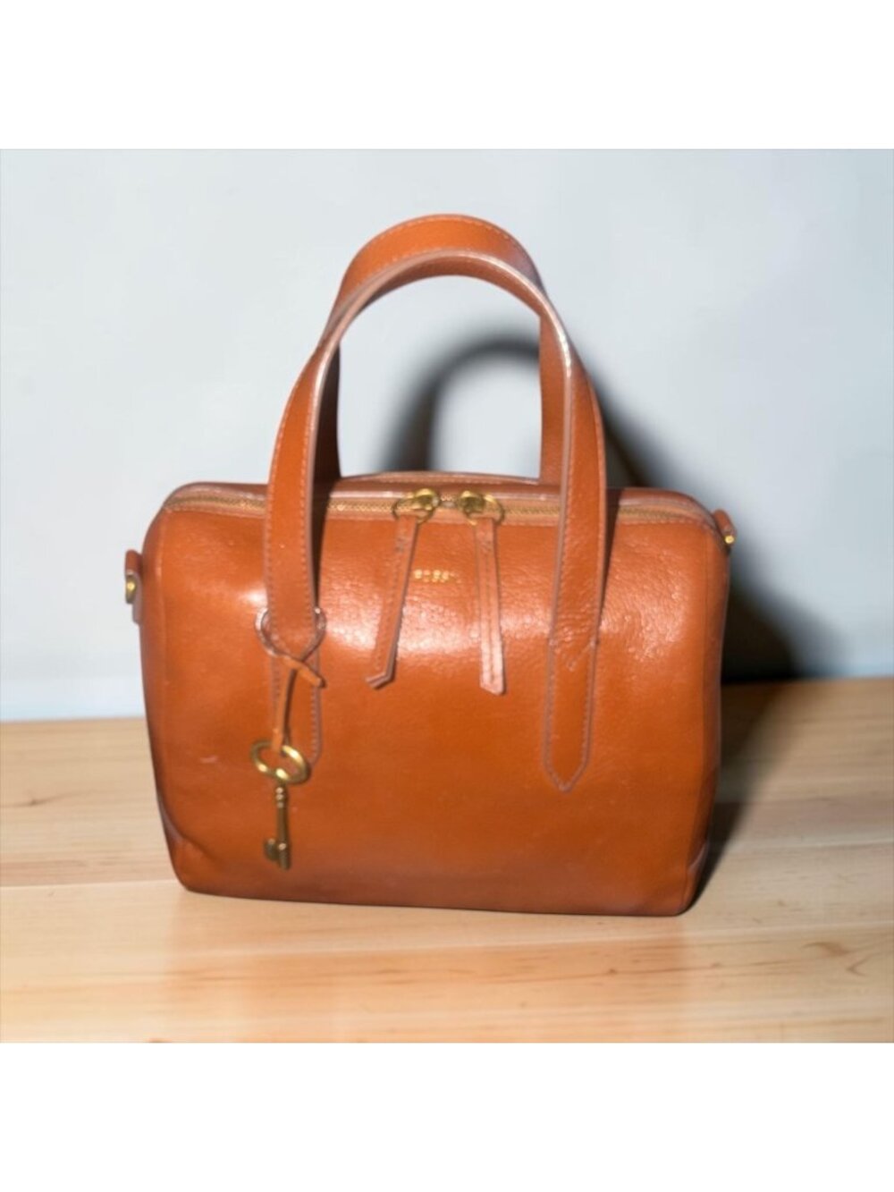 Fossil Sydney Satchel Medium Brown Leather Brass Convertible Bag Shoulder Strap